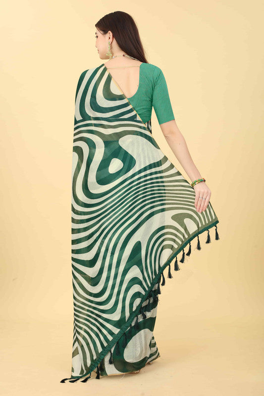 Green Cotton Blend Printed Striped Saree with Unstitched Blouse - Hiral Fashion