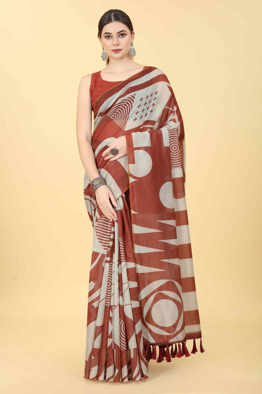 Maroon geometric print cotton blend saree with unstitched blouse piece