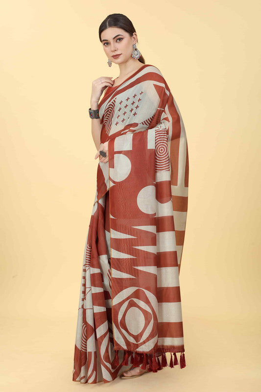 Maroon Cotton Blend Geometric Print Saree with Unstitched Blouse