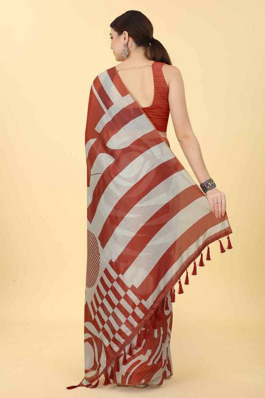 Maroon Cotton Blend Geometric Print Saree with Unstitched Blouse