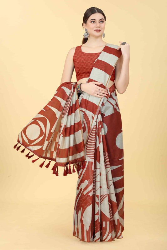 Maroon Cotton Blend Geometric Print Saree with Unstitched Blouse