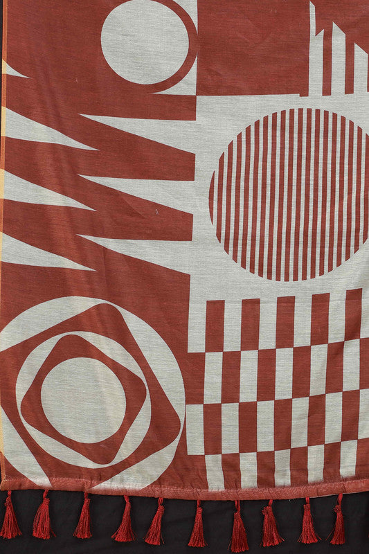 Maroon Cotton Blend Geometric Print Saree with Unstitched Blouse