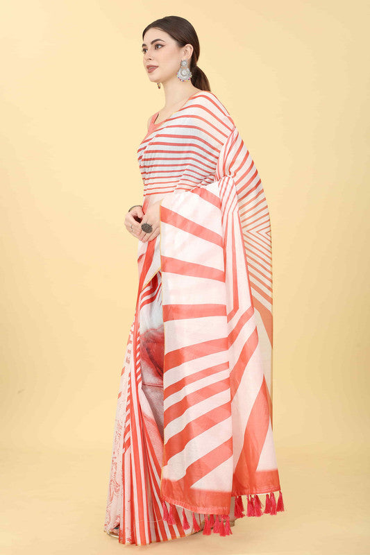 Red Cotton Blend Striped Print Saree with Unstitched Blouse