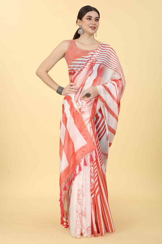 Red Cotton Blend Striped Print Saree with Unstitched Blouse