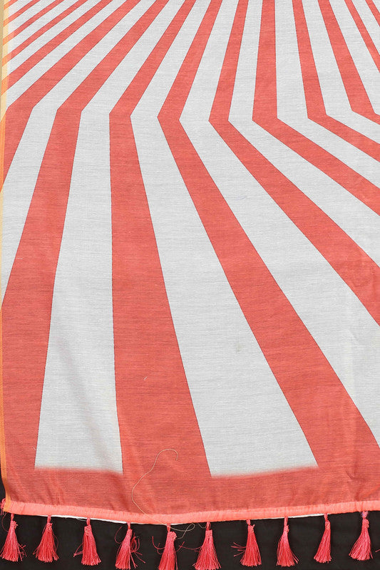 Red Cotton Blend Striped Print Saree with Unstitched Blouse