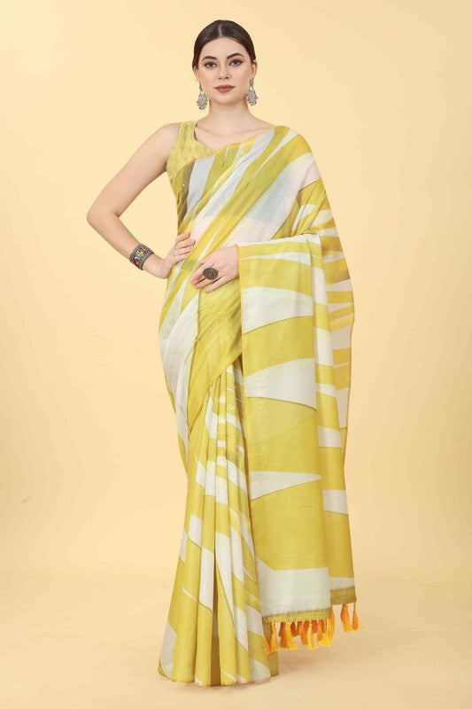 Yellow striped cotton blend saree with unstitched blouse fabric