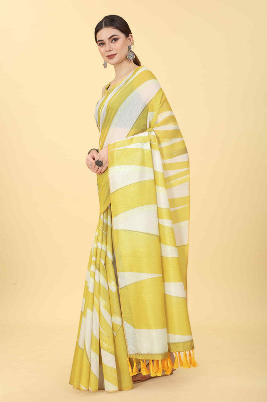 Yellow Cotton Blend Striped Print Saree with Unstitched Blouse