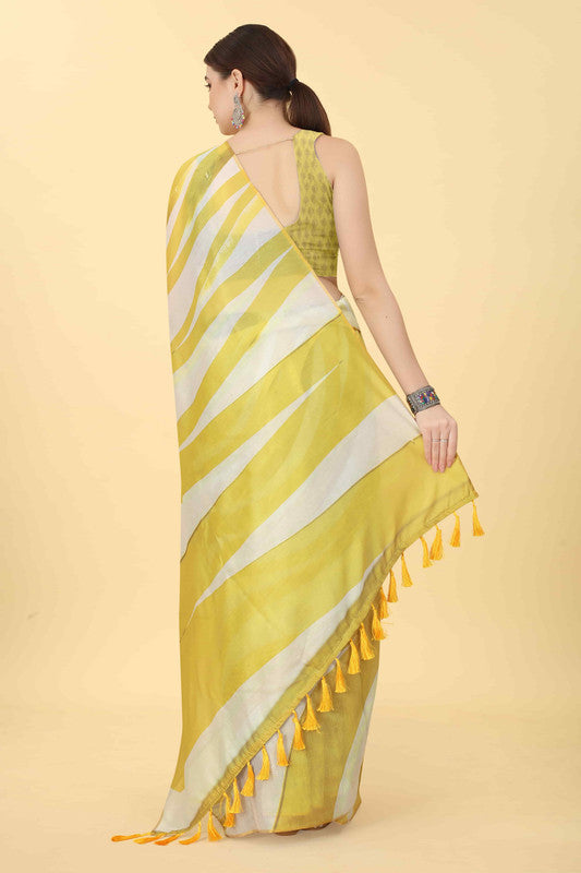 Yellow Cotton Blend Striped Print Saree with Unstitched Blouse
