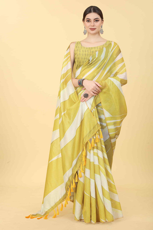 Yellow Cotton Blend Striped Print Saree with Unstitched Blouse