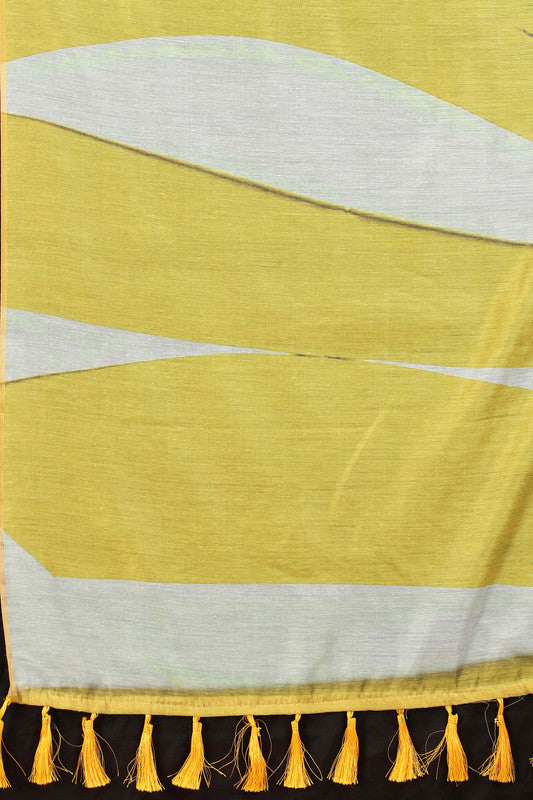 Yellow Cotton Blend Striped Print Saree with Unstitched Blouse
