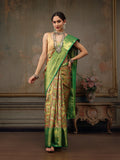 Green pure silk saree with intricate gold woven zari design and ethnic motifs
