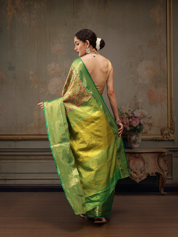 Green Pure Silk Saree with Woven Zari Ethnic Motifs
