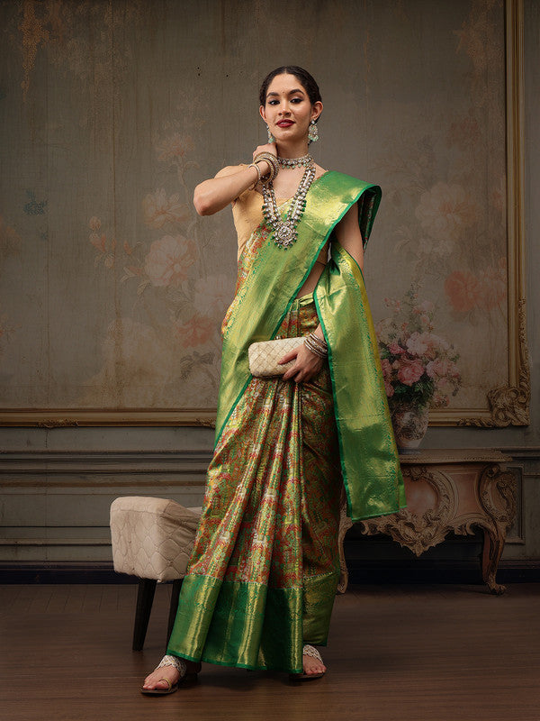 Green Pure Silk Saree with Woven Zari Ethnic Motifs