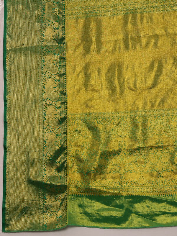 Green Pure Silk Saree with Woven Zari Ethnic Motifs