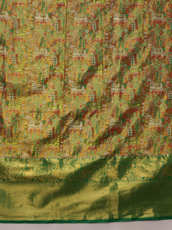 Green Pure Silk Saree with Woven Zari Ethnic Motifs