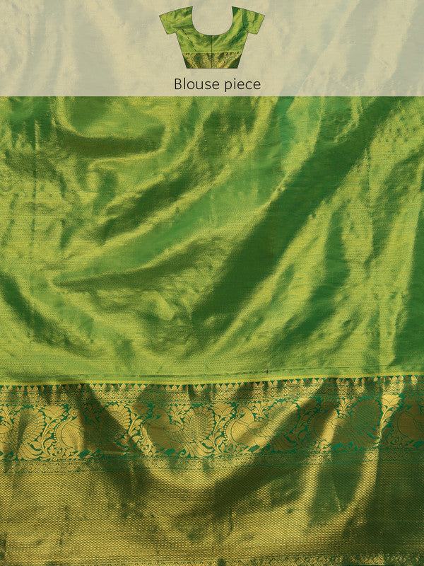 Green Pure Silk Saree with Woven Zari Ethnic Motifs