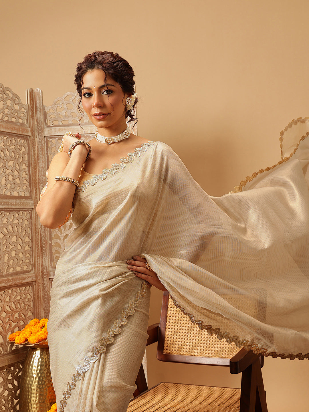Beige Muga Silk Saree with Elegant Gota Patti Lace Work