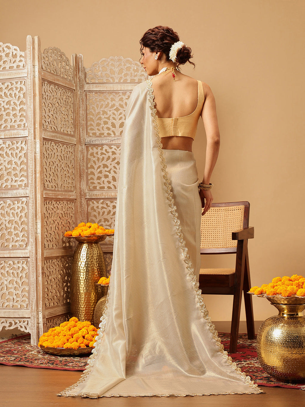 Beige Muga Silk Saree with Elegant Gota Patti Lace Work