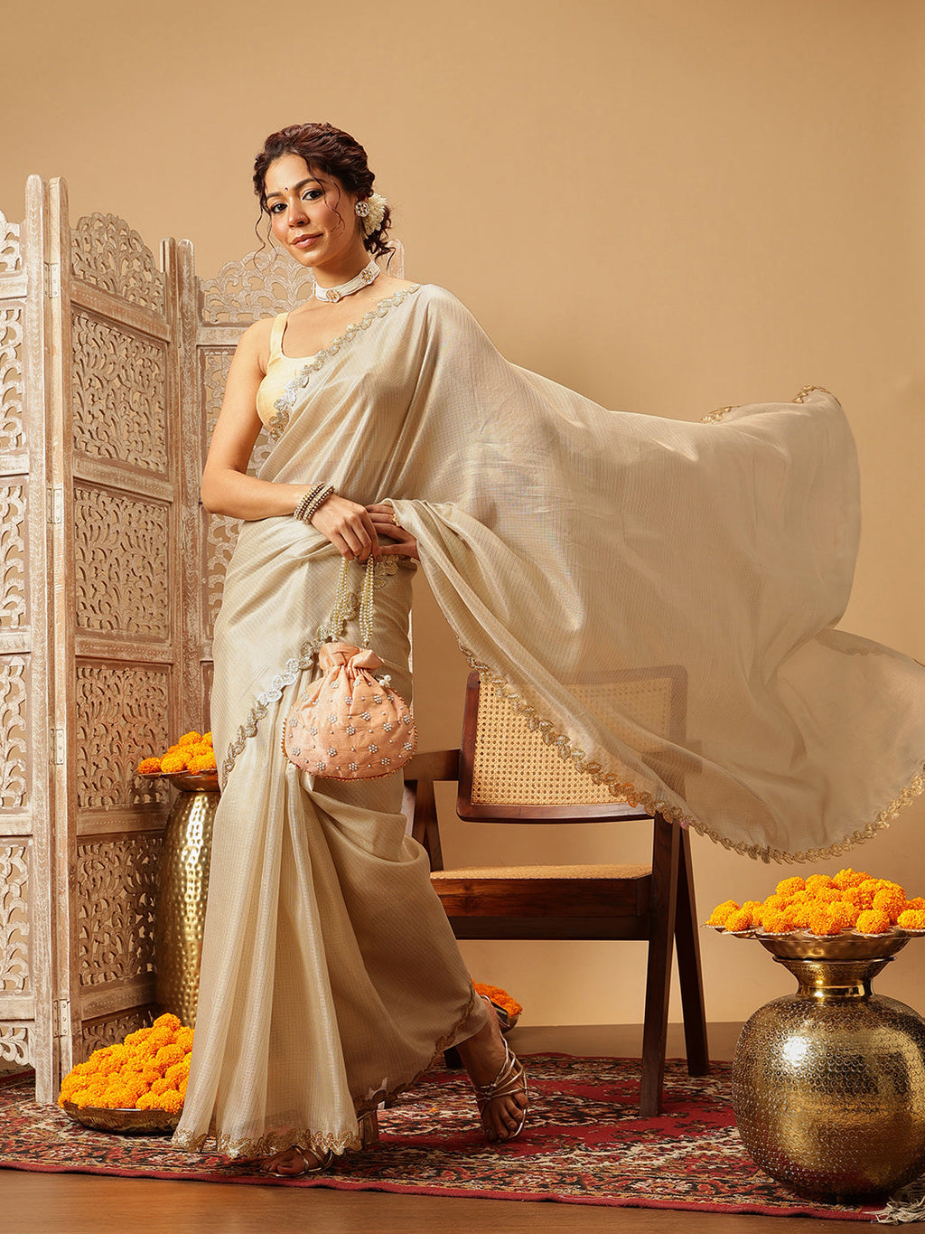 Beige Muga Silk Saree with Elegant Gota Patti Lace Work