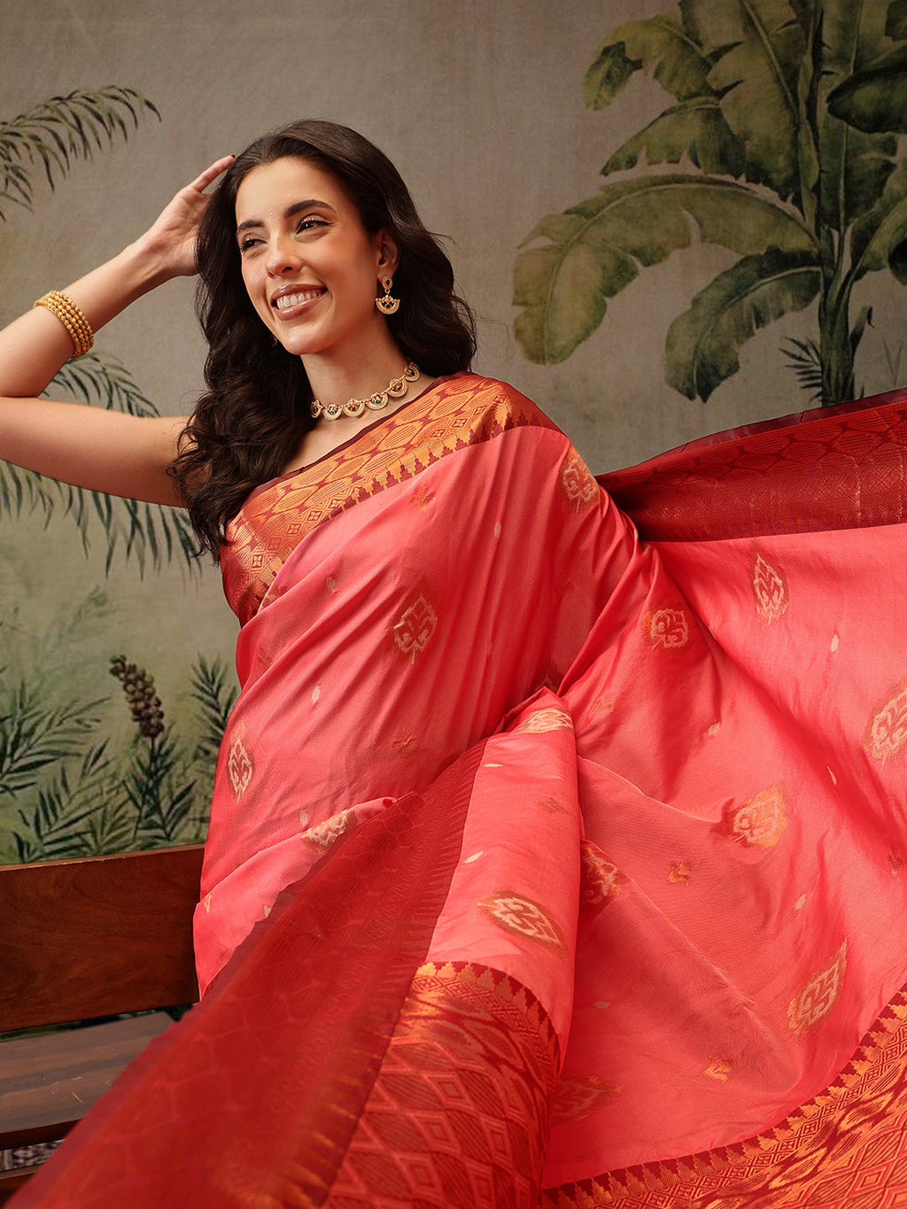 Peach Banarasi Silk Floral Woven Saree