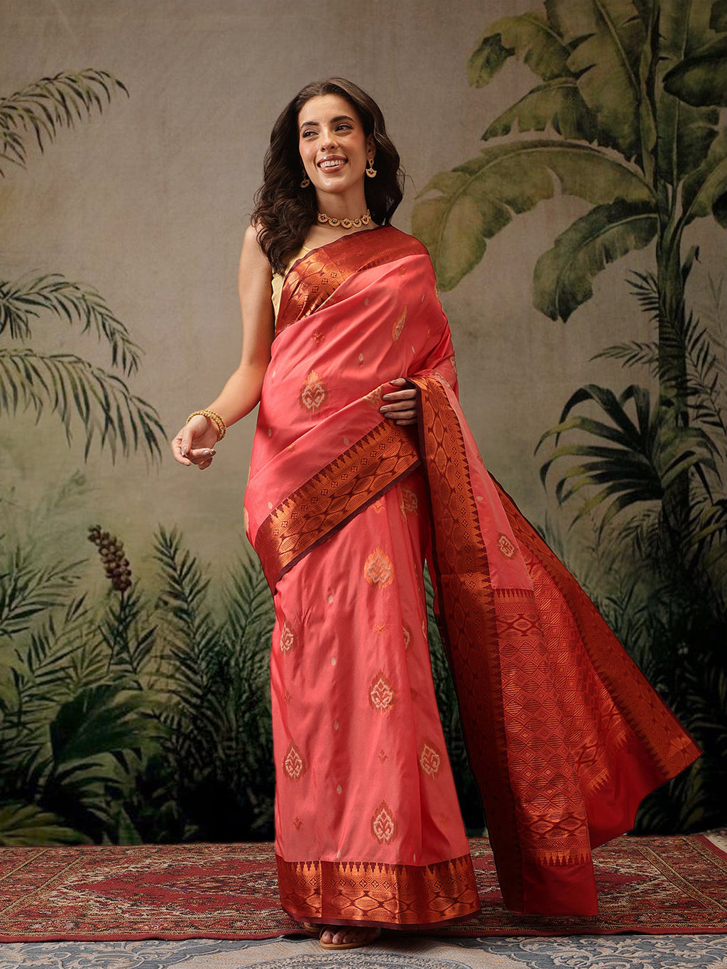 Peach Banarasi Silk saree with floral woven designs