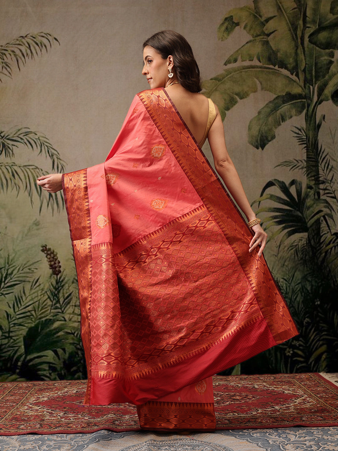 Peach Banarasi Silk Floral Woven Saree