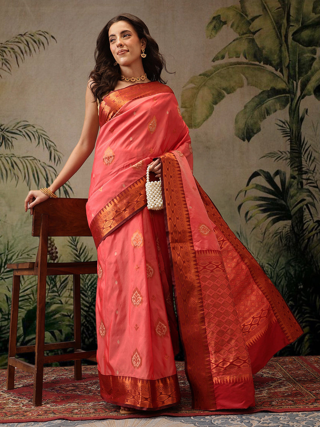 Peach Banarasi Silk Floral Woven Saree