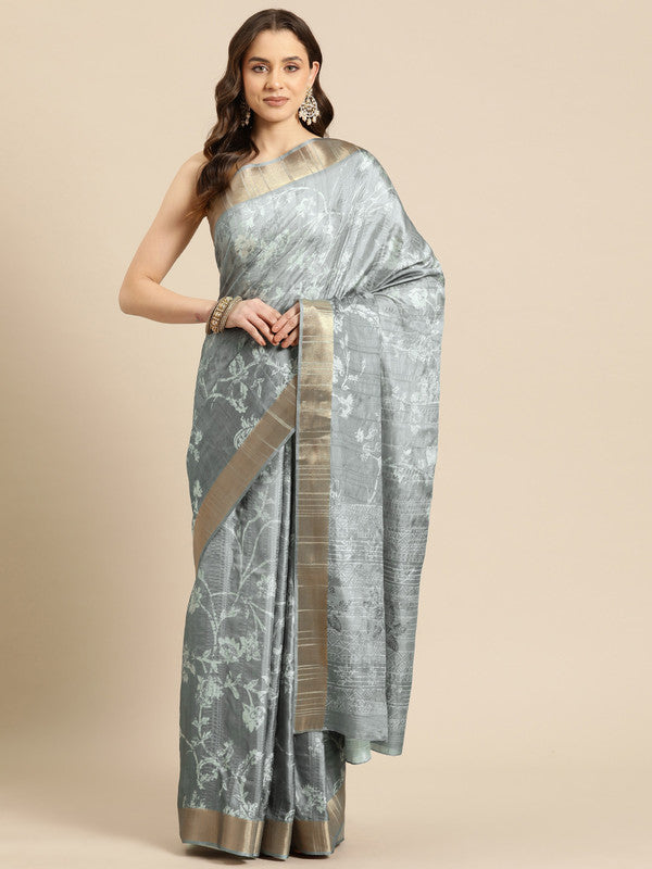 Gray silk blend saree with digital floral print and matching blouse piece