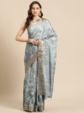 Gray silk blend saree with digital floral print and matching blouse piece