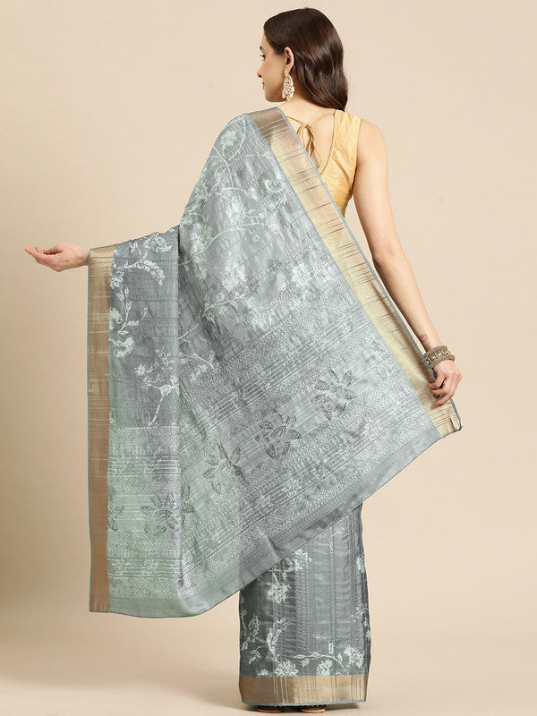 Gray Silk Blend Saree with Digital Floral Print and Blouse Piece