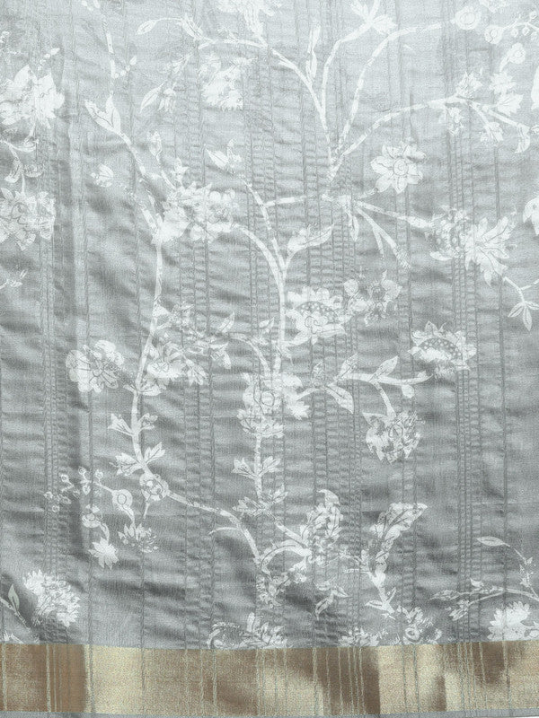 Gray Silk Blend Saree with Digital Floral Print and Blouse Piece