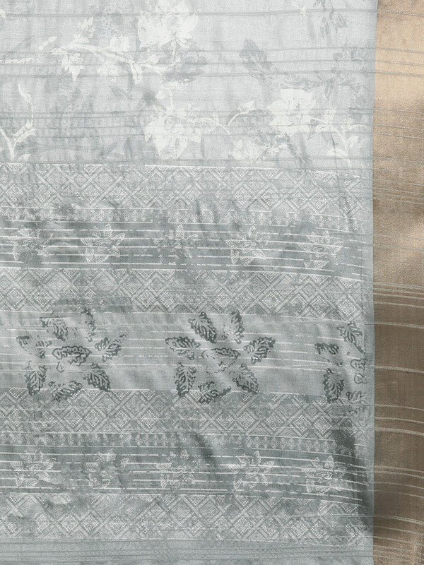 Gray Silk Blend Saree with Digital Floral Print and Blouse Piece