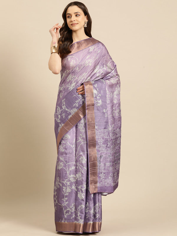 Lavender silk blend saree with digital floral print and matching unstitched blouse piece