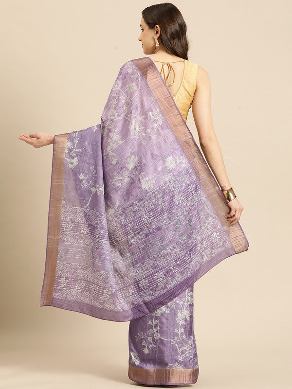 Lavender Floral Digital Print Silk Blend Saree with Unstitched Blouse