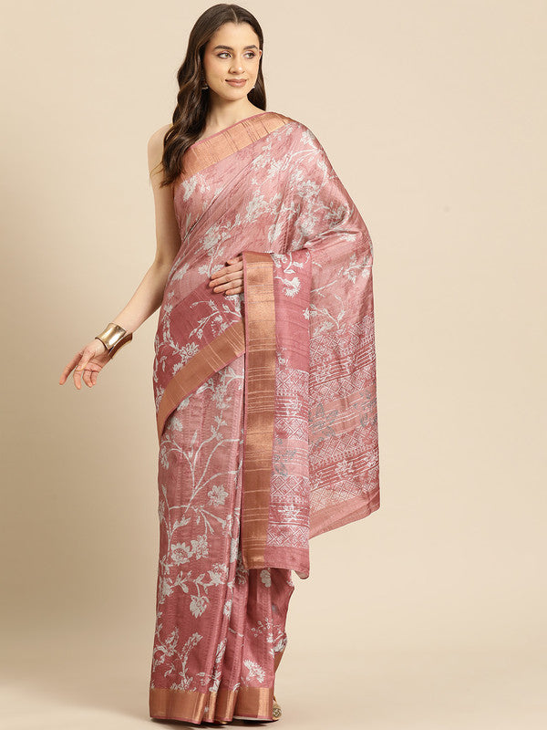 Maroon silk blend saree with floral digital print and unstitched blouse