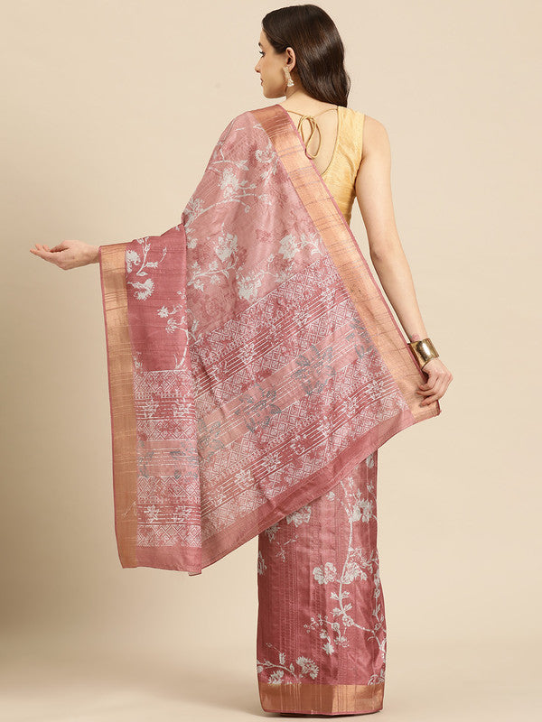 Maroon Silk Blend Floral Digital Print Saree with Blouse Piece