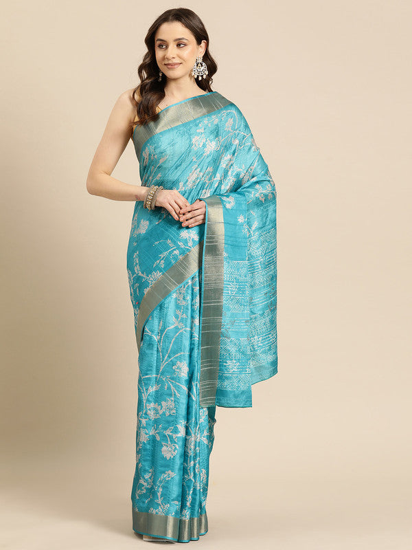 Turquoise digital print floral saree with unstitched blouse