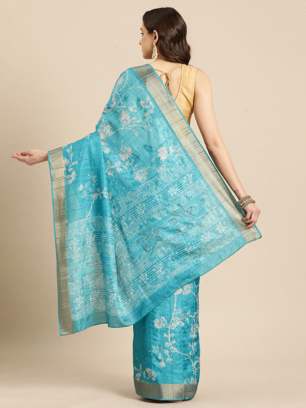 Turquoise Silk Blend Digital Floral Saree with Unstitched Blouse