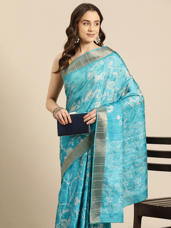 Turquoise Silk Blend Digital Floral Saree with Unstitched Blouse