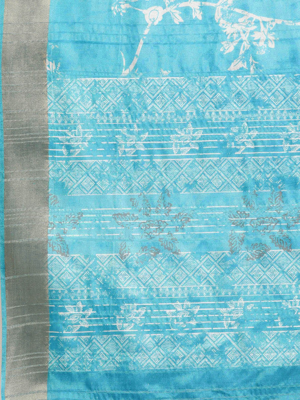 Turquoise Silk Blend Digital Floral Saree with Unstitched Blouse