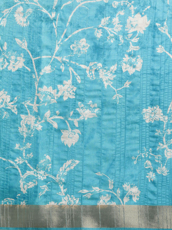 Turquoise Silk Blend Digital Floral Saree with Unstitched Blouse