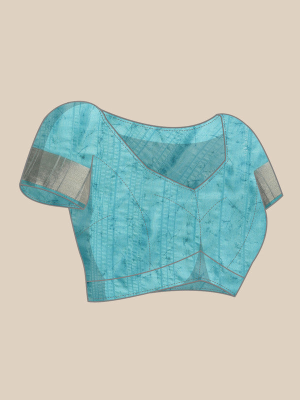 Turquoise Silk Blend Digital Floral Saree with Unstitched Blouse