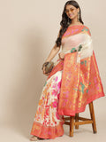 Off White Pure Cotton Saree with intricate woven zari paisley design and unstitched blouse piece.
