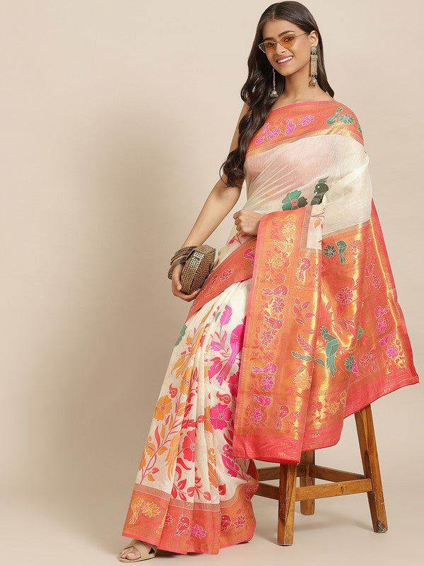Off White Pure Cotton Saree with intricate woven zari paisley design and unstitched blouse piece.