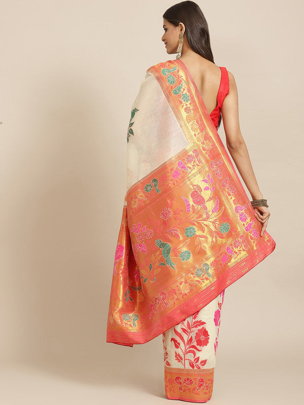 Off White Pure Cotton Saree with Woven Zari Paisley Design