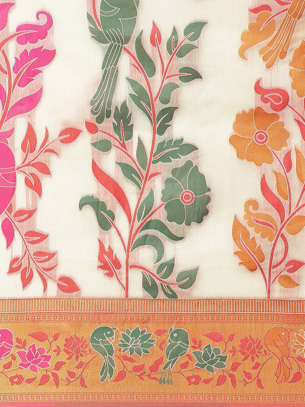 Off White Pure Cotton Saree with Woven Zari Paisley Design