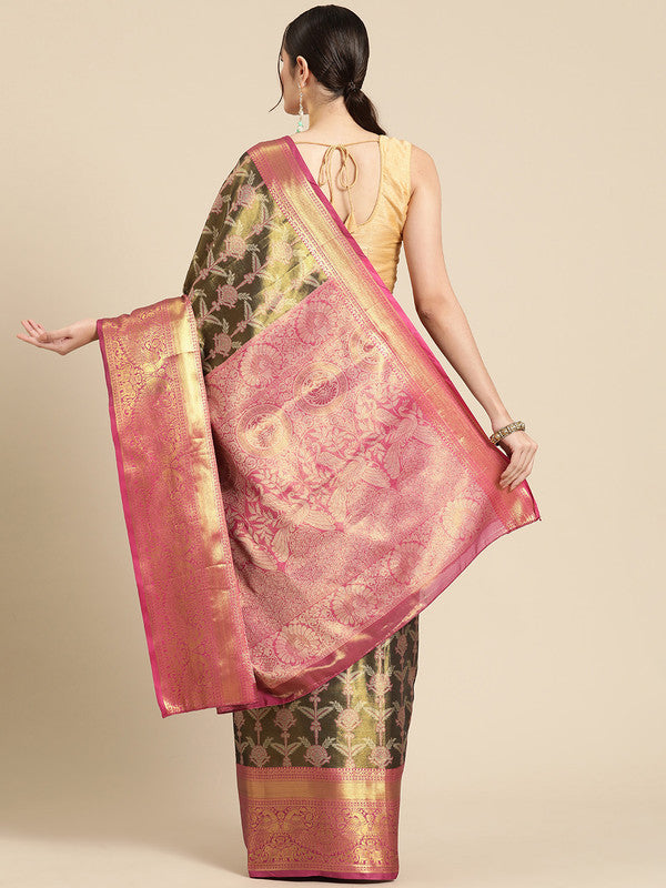 Black Brocade Zari Woven Floral Saree with Blouse Piece