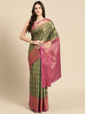 Green brocade saree with floral zari woven patterns and unstitched blouse