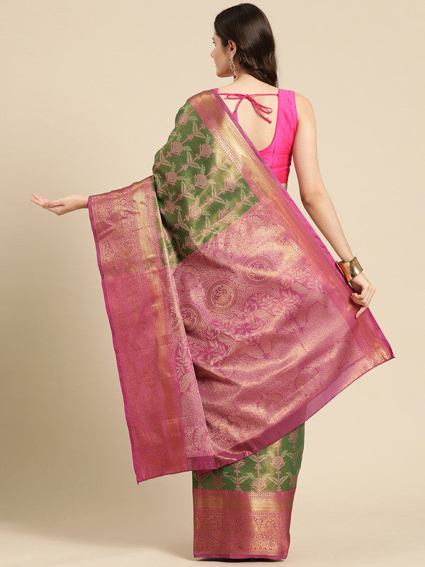 Green Brocade Zari Woven Floral Saree with Unstitched Blouse