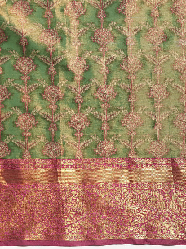 Green Brocade Zari Woven Floral Saree with Unstitched Blouse
